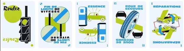 Les cartes défense : feu vert, fin de limite de vitesse, essence, roue de secours et réparation